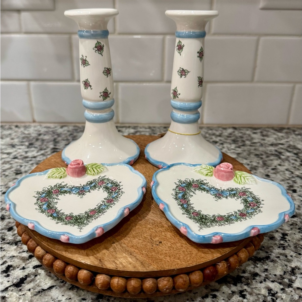 Vintage Enesco Mary Hughes Candlestick and Trinket Tray‎ Set